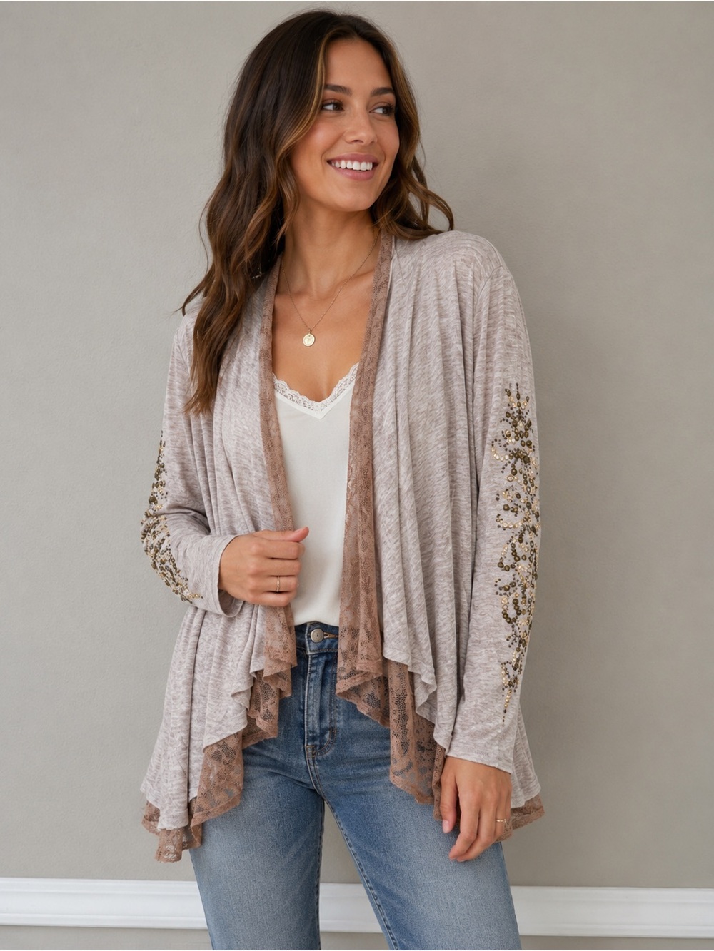 Miss Me Lace-Trim Open Front Cardigan Sweater - Taupe